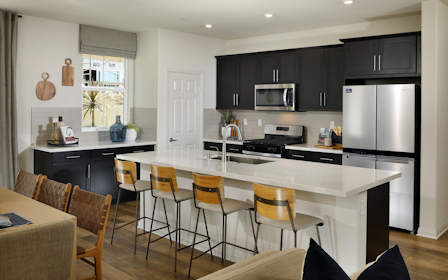 A kitchen with black cabinets.