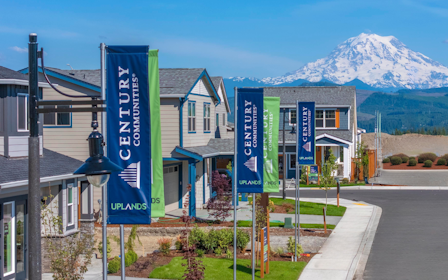 A row of buildings with a mountain in the background.